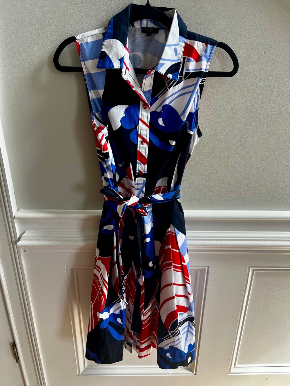 Talbots Petites 10P Nautical Abstract Print Belted Cotton Shirt Dress